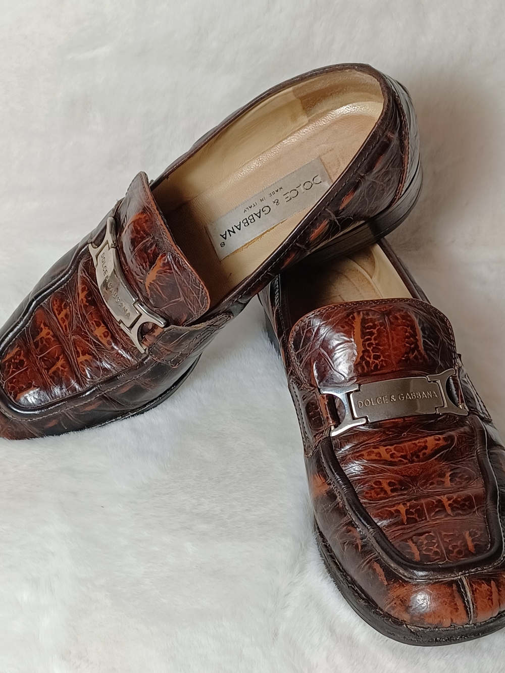 Dolce & Gabbana Womens Crocodile Brown Leather Loafers with Silver Hardware
